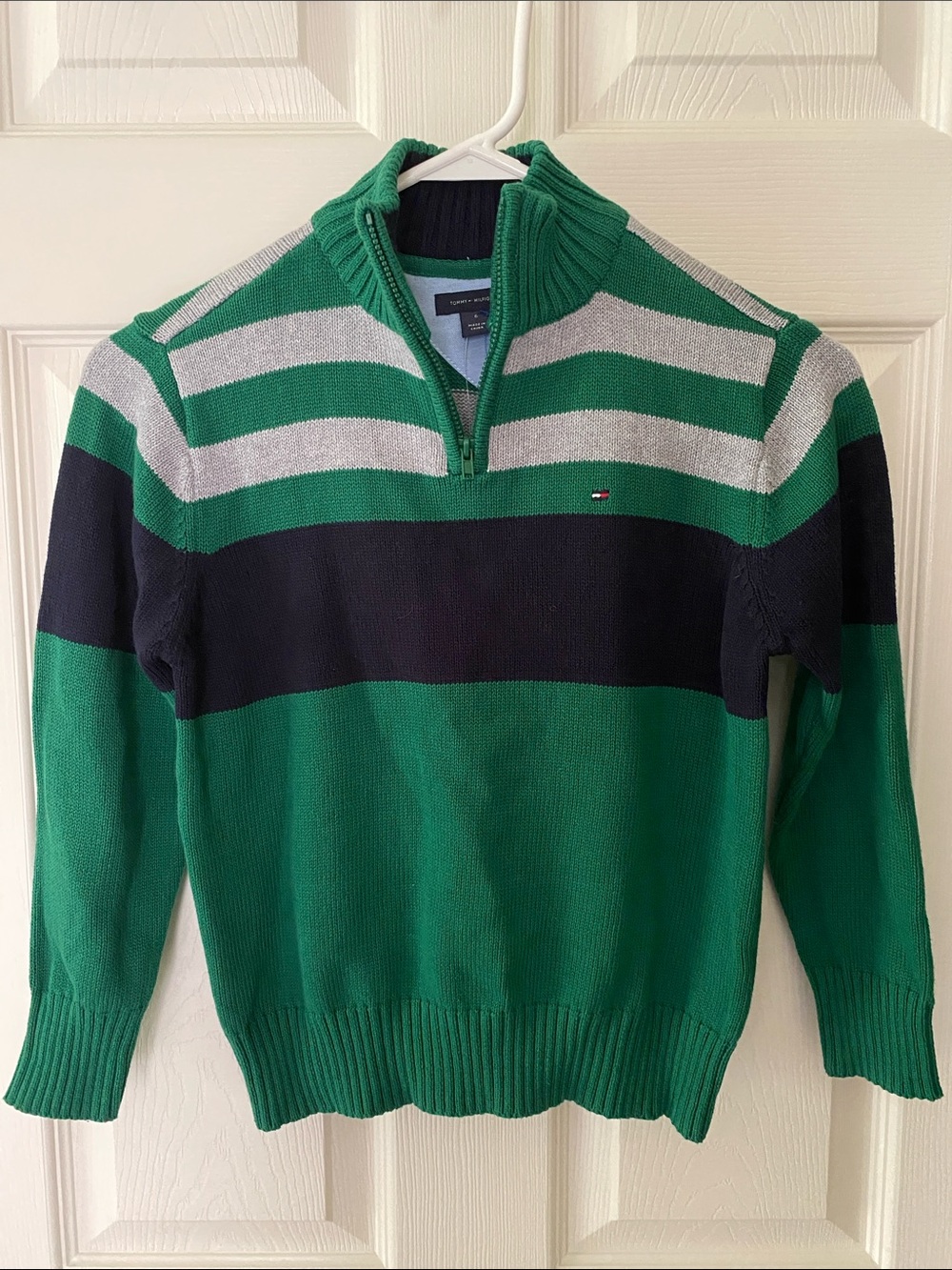 Tommy Hilfiger Green Navy Gray Striped Quarter-Zip Sweater